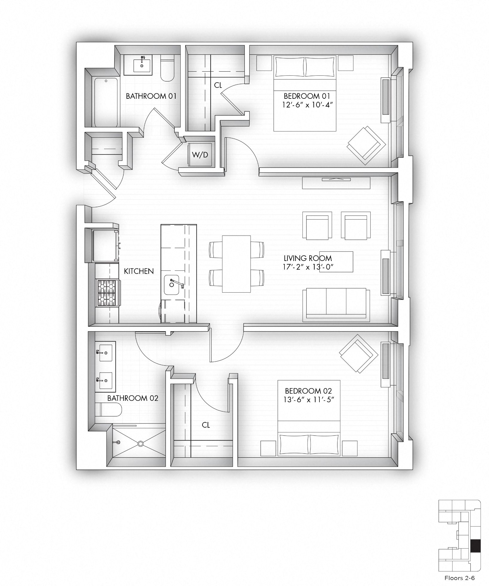 Floor plan for 2 beds, 2 baths, 1026 sqft